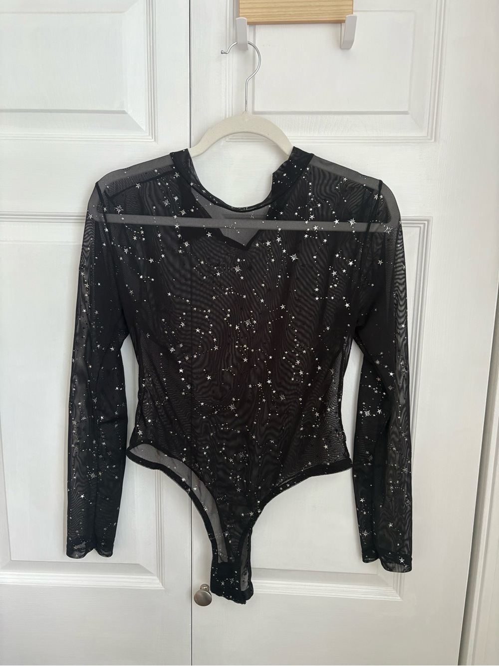 Black Star-Embellished Mesh Long-Sleeve Bodysuit